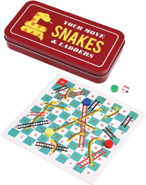 Travel snakes and ladders game in a tin