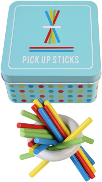 Wooden pick up sticks in a tin