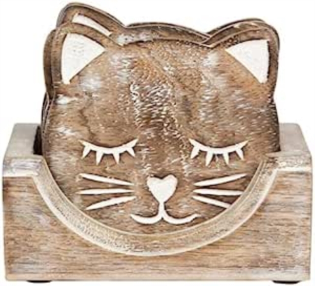 Wooden Carved Cat Coaster - Set of 6