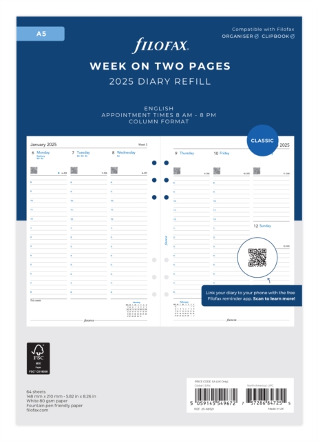 Filofax A5 Week On Two Pages English Column Format  2025 Diary