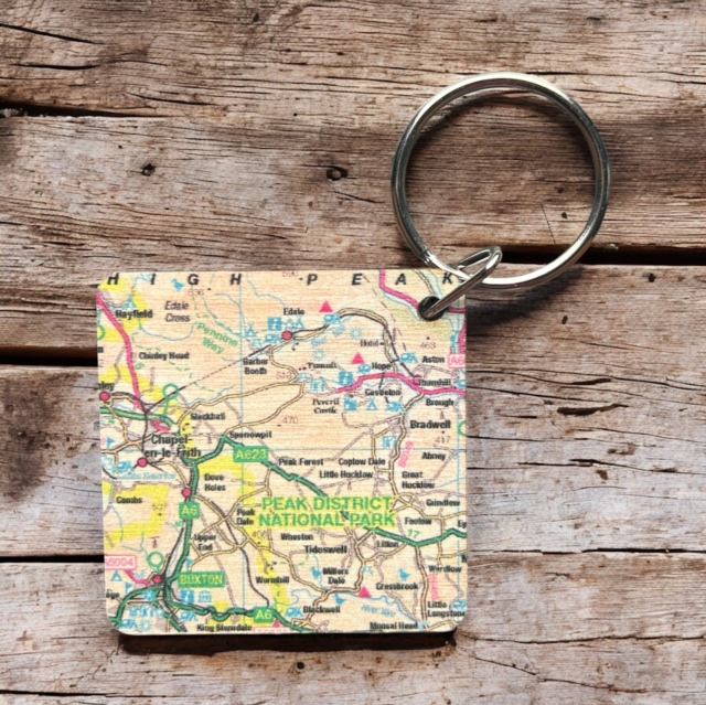 OS Map Wooden Square Key-ring - Peak District National Park