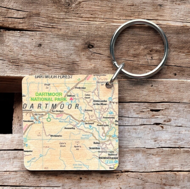 OS Map Wooden Square Key-ring - Dartmoor National Park