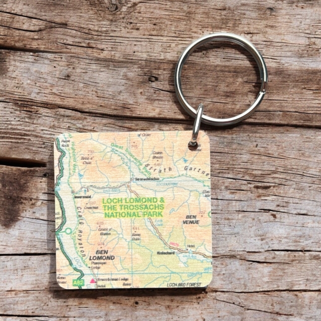OS Map Wooden Square Key-ring - Loch Lomond and The Trossachs National Park