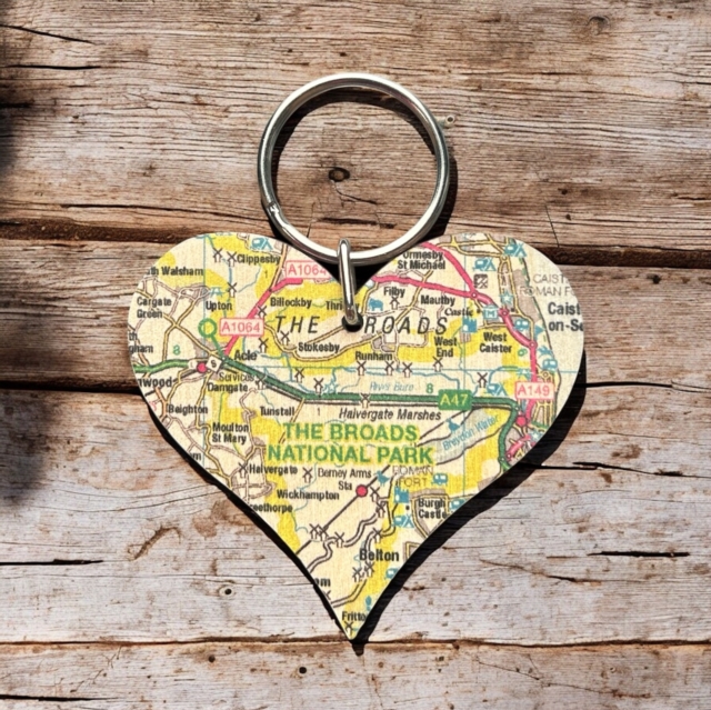 OS Map Wooden Heart Key-ring - The Broads
