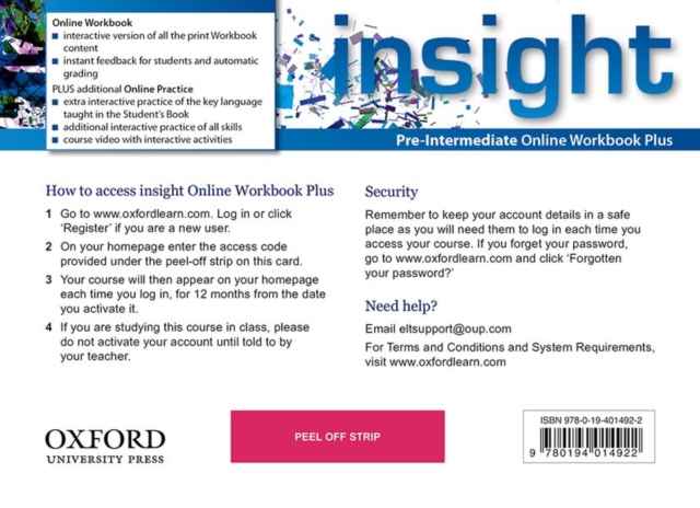 insight: Pre-Intermediate: Online Workbook Plus - Card with Access Code