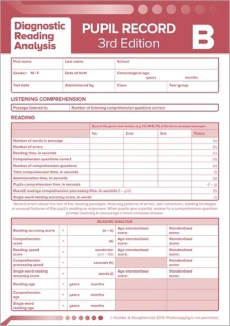 DRA-3 Pupil Record Sheet B