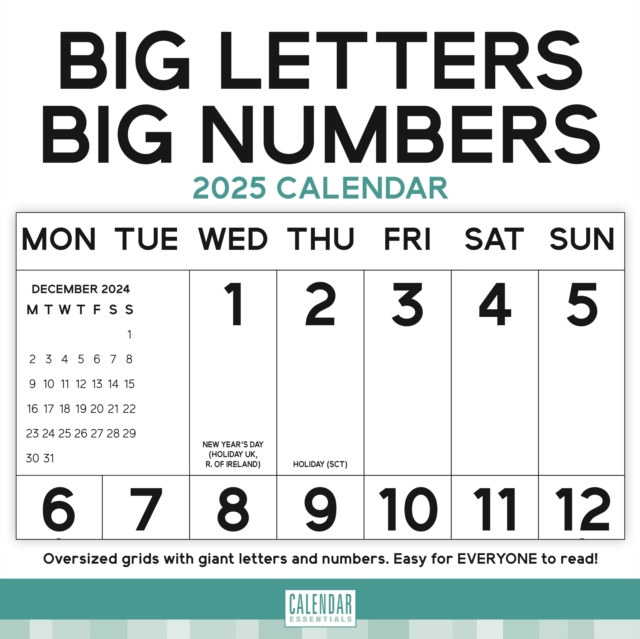 Essential Big Letters Big Numbers Square Wall Calendar 2025