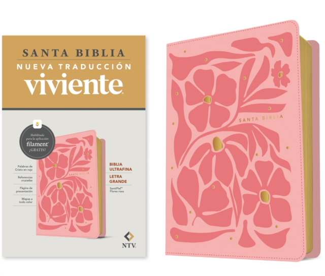 Biblia ultrafina NTV, letra grande con Filament (SentiPiel, Flores rosa, Letra Roja)