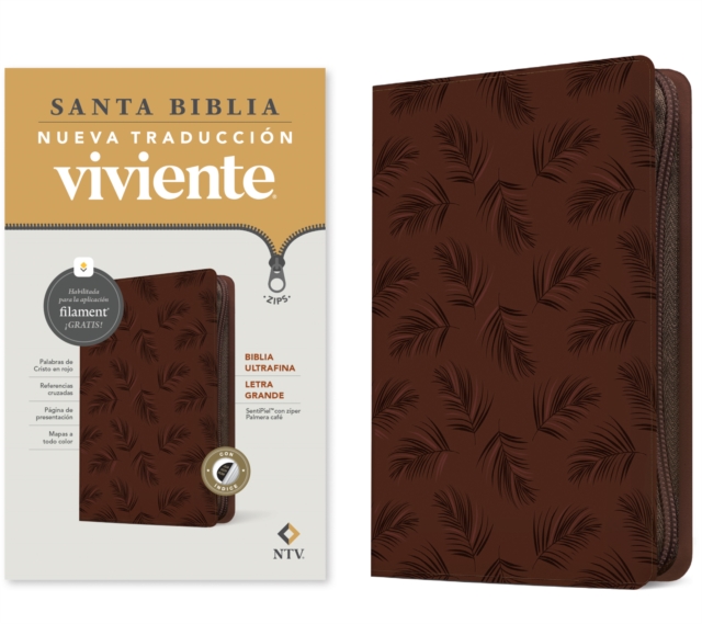 Biblia ultrafina NTV, letra grande de ziper con Filament (SentiPiel, Palmera cafe, Indice, Letra Roja)